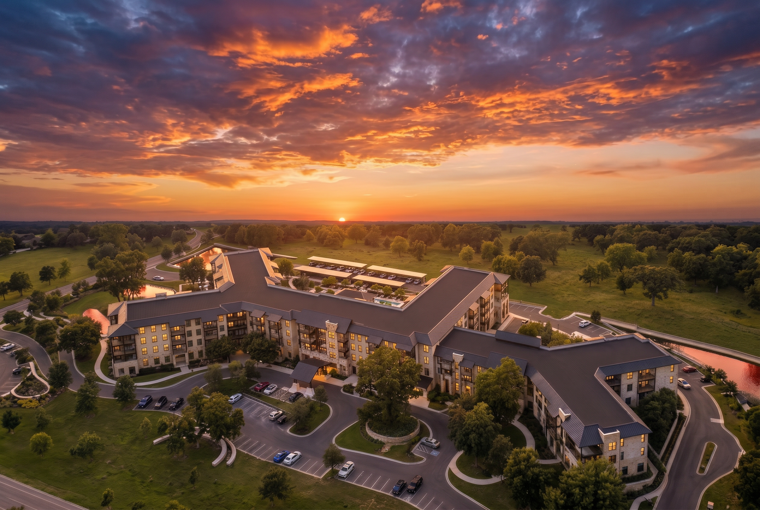 The Statesman at Horseshoe Bay aerial rendering at golden hour